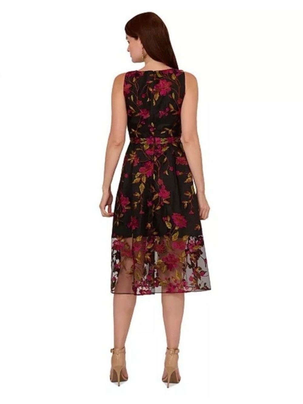 Adrianna Papell Embroidered Floral Midi Dress with Magenta Embroidery Sheer NWT - Picture 3 of 10